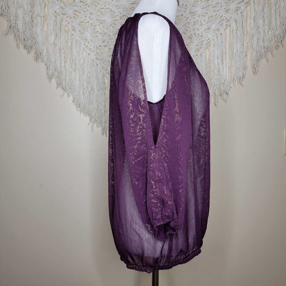Cache Metallic Cold Shoulder Blouse Purple Gold Size Medium - Picture 3 of 16